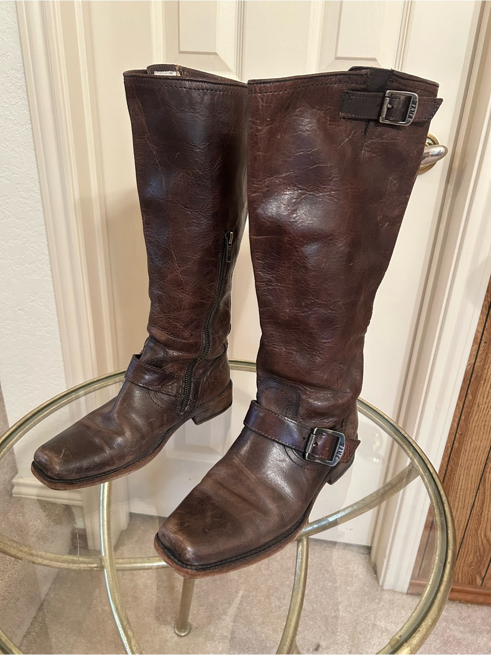 Frye Chocolate Brown Tall Leather Riding Boots with Buckle Straps